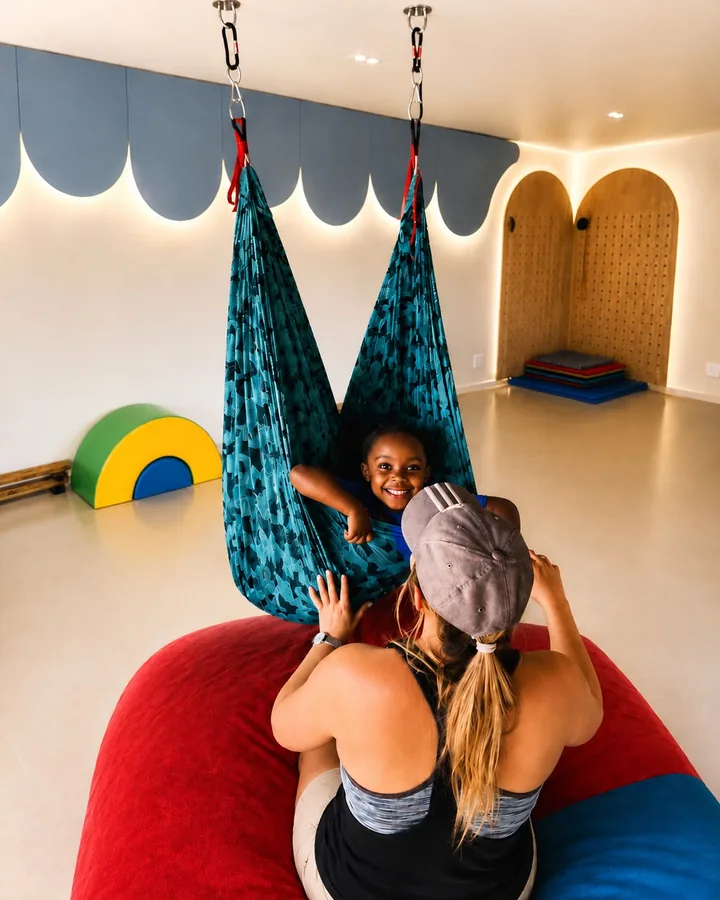 A child enjoying supported movement in a sensory hammock